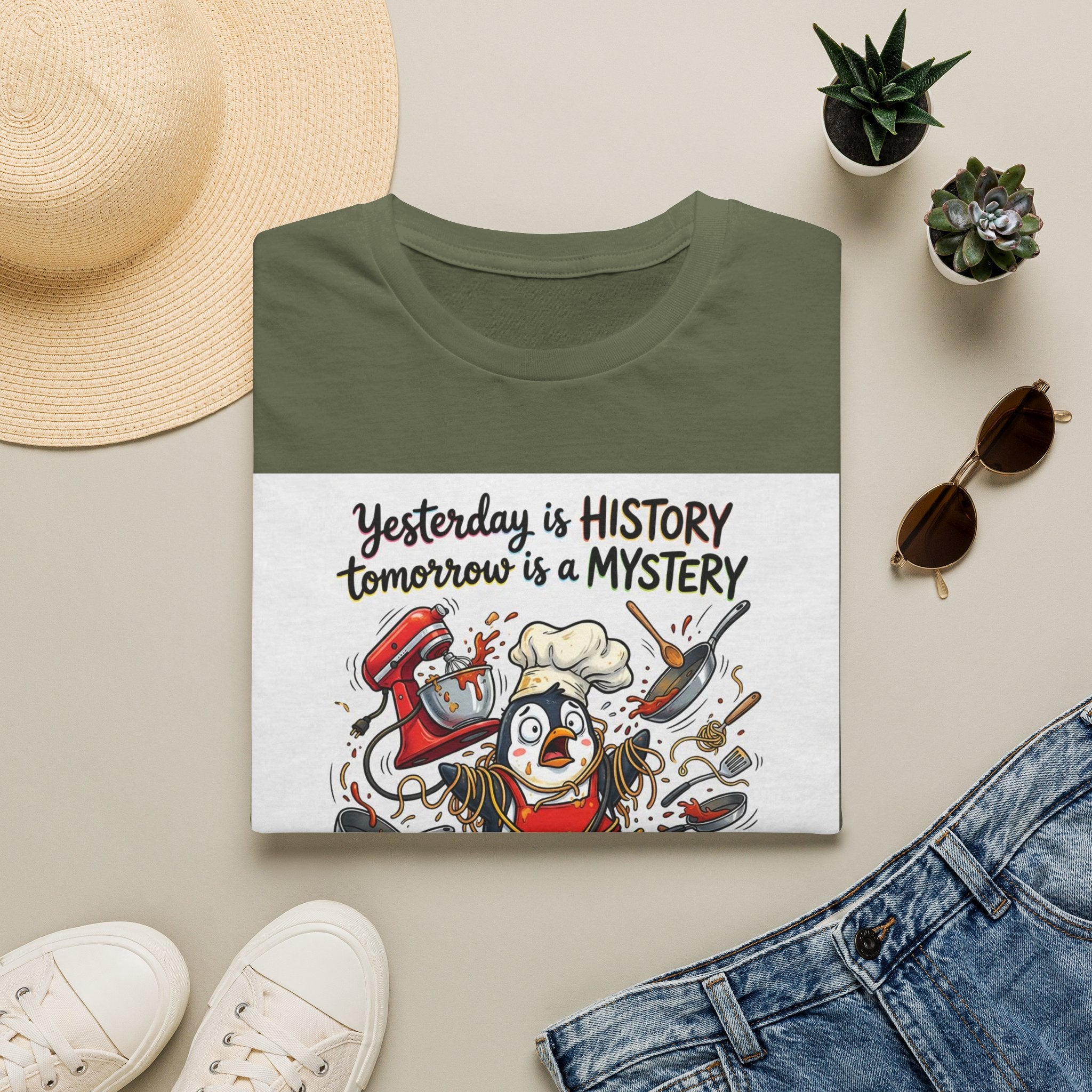T-Shirt — "Yesterday is History, Tomorrow is a Mystery" Funny Chef Shit Show Graphic